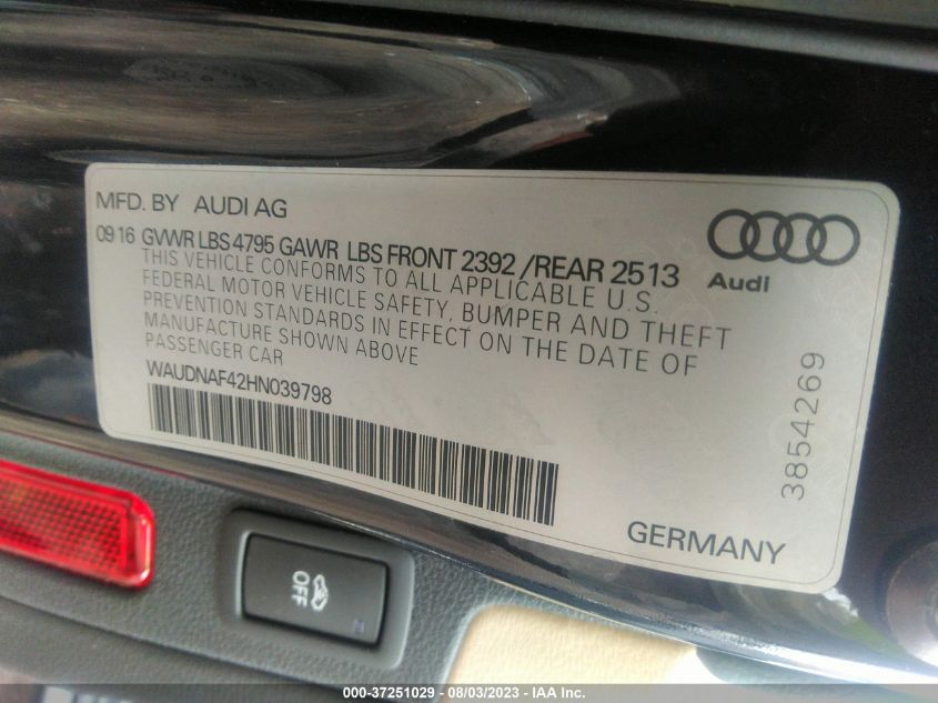 2017 AUDI A4 SEASON OF AUDI PREMIUM - WAUDNAF42HN039798