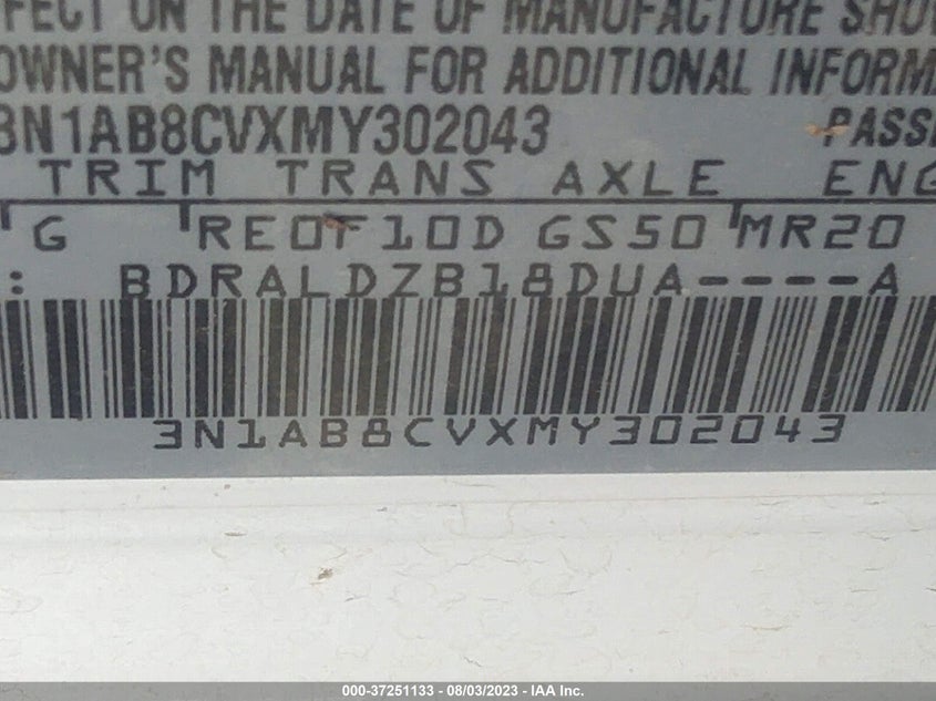 VIN 3N1AB8CVXMY302043 2021 NISSAN SENTRA SV