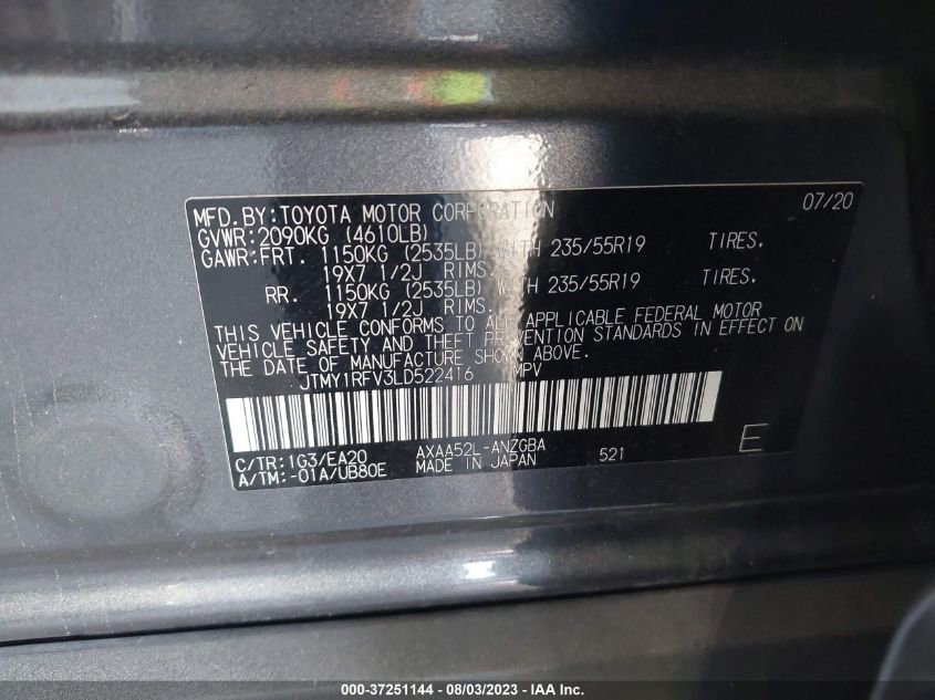VIN JTMY1RFV3LD522416 2020 TOYOTA RAV4 LIMITED