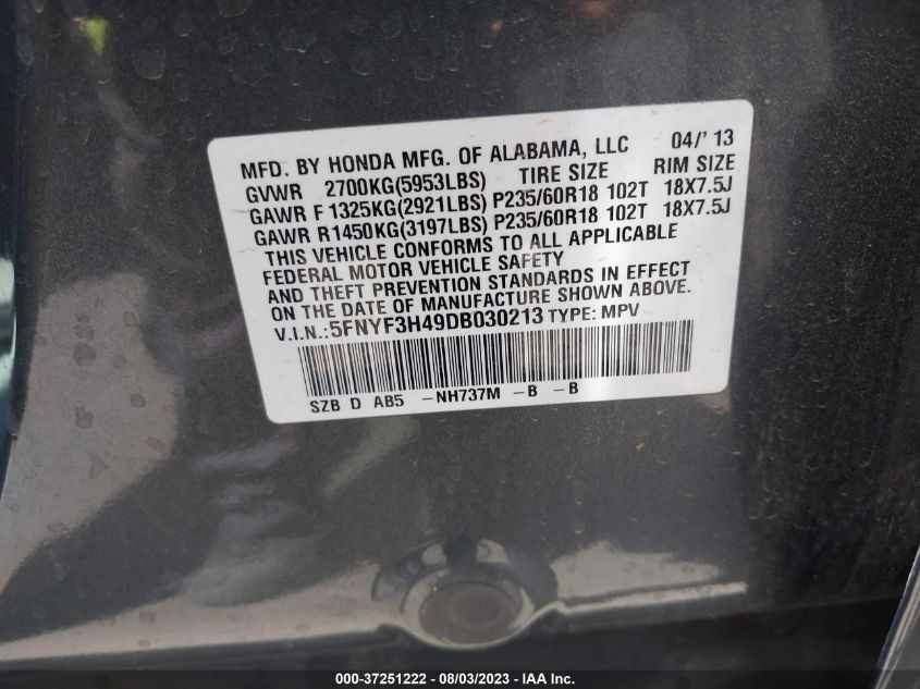 2013 HONDA PILOT EX - 5FNYF3H49DB030213