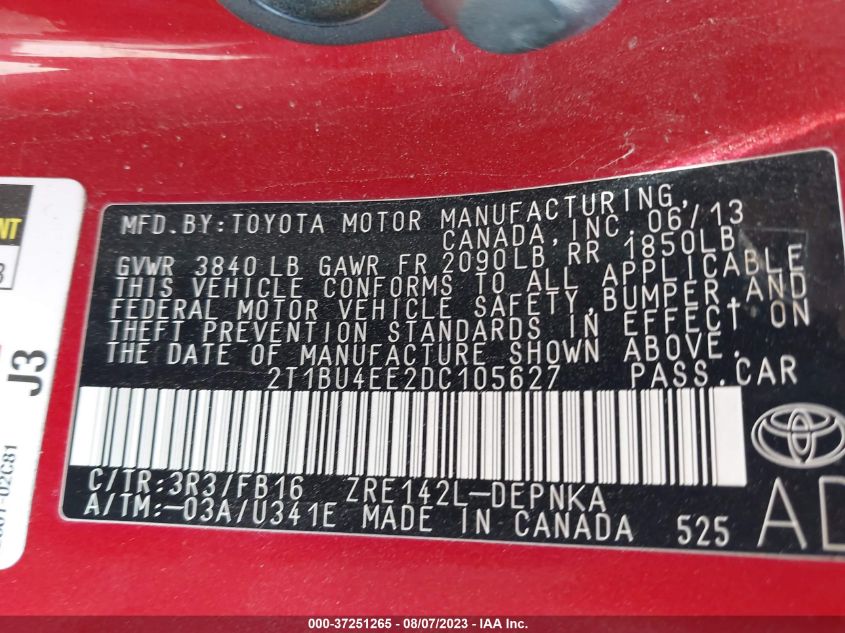 2013 TOYOTA COROLLA L/LE/S - 2T1BU4EE2DC105627