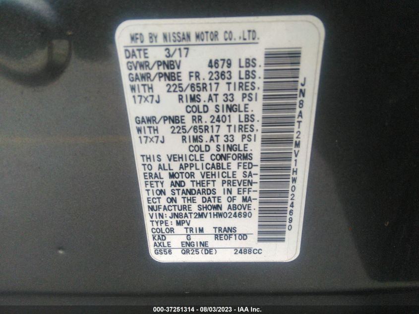 2017 NISSAN ROGUE SV - JN8AT2MV1HW024690