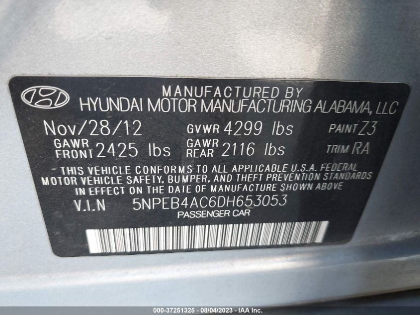 2013 HYUNDAI SONATA GLS PZEV - 5NPEB4AC6DH653053