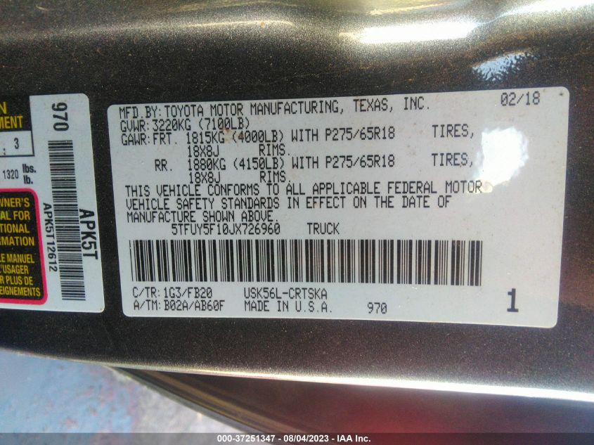 2018 TOYOTA TUNDRA 4WD SR5 - 5TFUY5F10JX726960