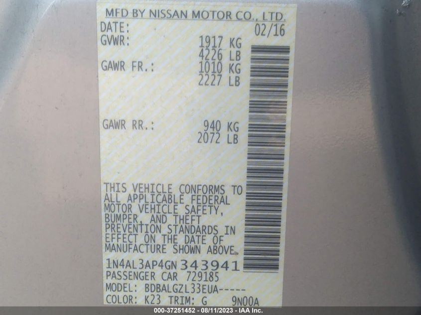 2016 NISSAN ALTIMA 2.5 - 1N4AL3AP4GN343941