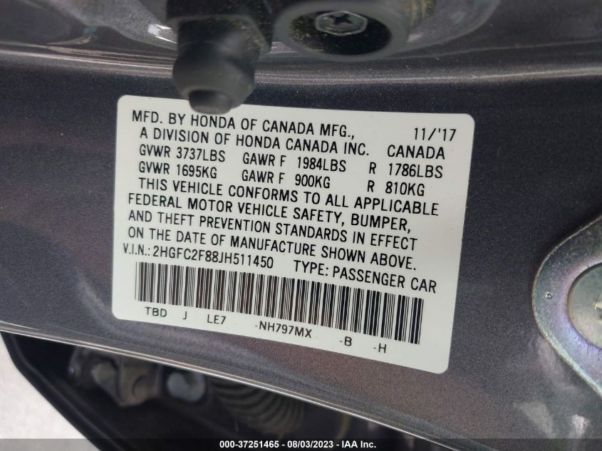 2018 HONDA CIVIC SEDAN EX - 2HGFC2F88JH511450