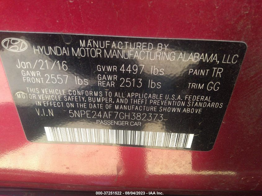 2016 HYUNDAI SONATA 2.4L SE - 5NPE24AF7GH382373