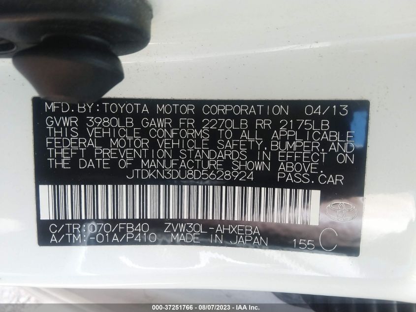 2013 TOYOTA PRIUS ONE/TWO/THREE/FOUR/FIVE - JTDKN3DU8D5628924