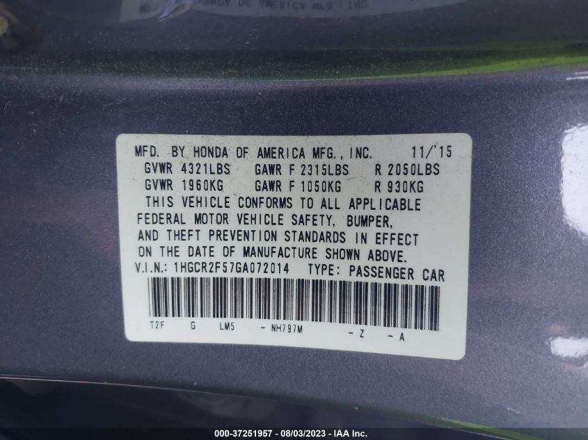 2016 HONDA ACCORD SEDAN SPORT - 1HGCR2F57GA072014