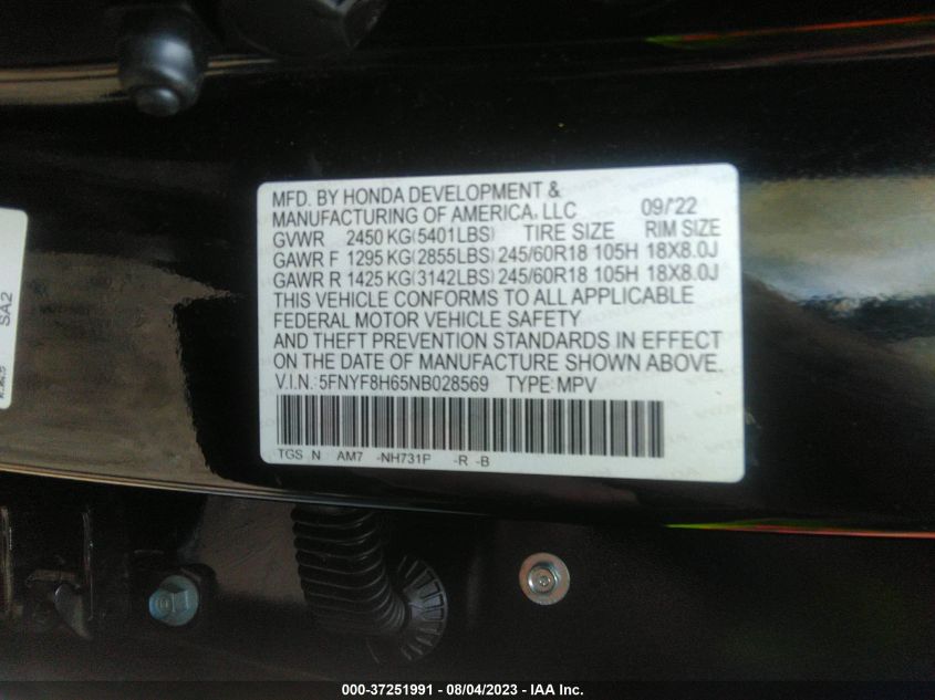 VIN 5FNYF8H65NB028569 2022 HONDA PASSPORT no.9