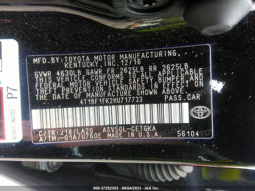 2017 TOYOTA CAMRY XLE/SE/LE/XSE - 4T1BF1FK2HU717733