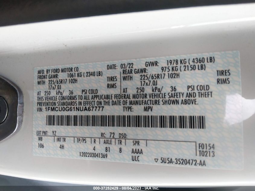 2022 FORD ESCAPE SE - 1FMCU0G61NUA67777