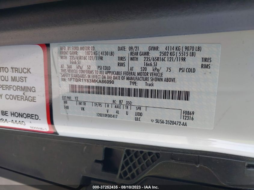 2021 FORD TRANSIT CARGO VAN - 1FTBR1Y83MKA86090