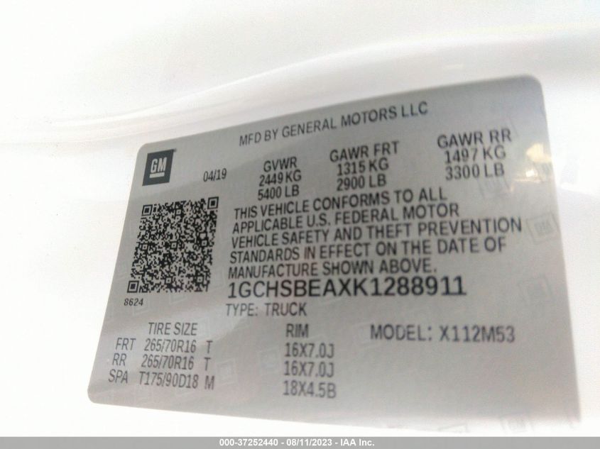 2019 CHEVROLET COLORADO 2WD WORK TRUCK - 1GCHSBEAXK1288911