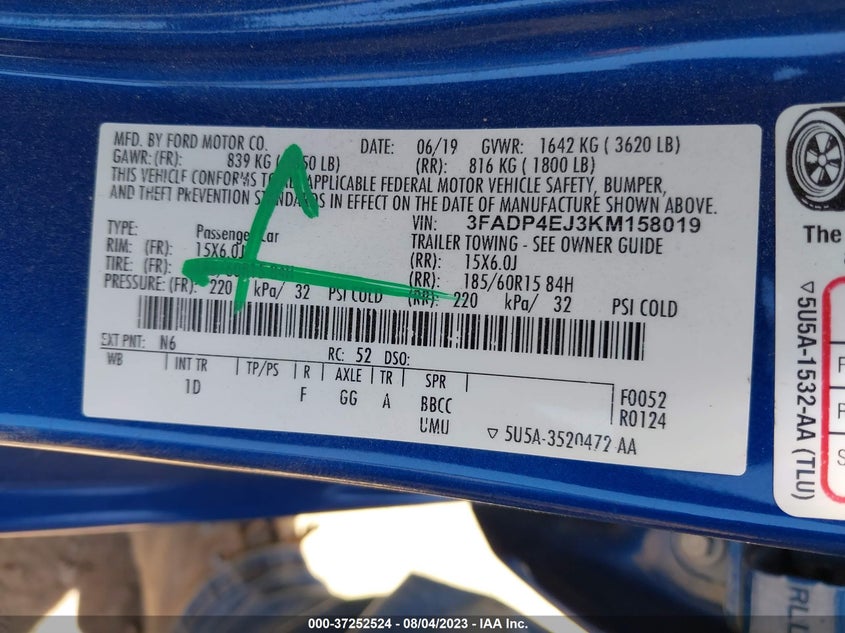 VIN 3FADP4EJ3KM158019 2019 FORD FIESTA SE