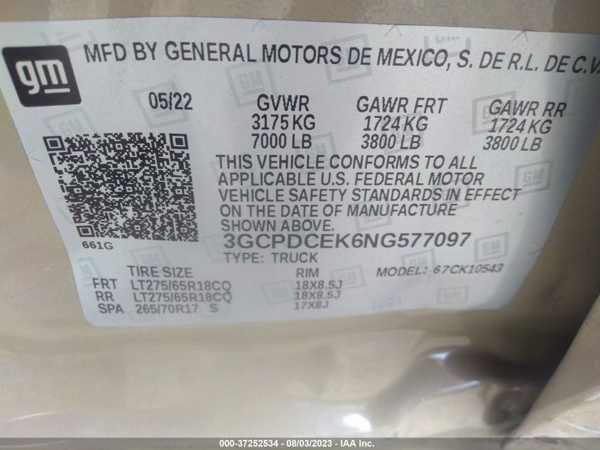 2022 CHEVROLET SILVERADO 1500 CUSTOM TRAIL BOSS - 3GCPDCEK6NG577097