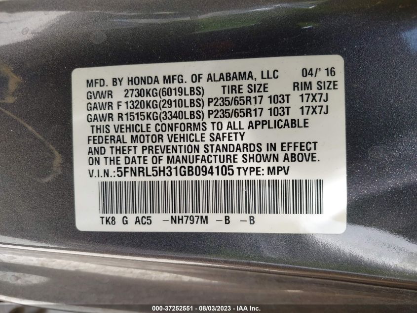 2016 HONDA ODYSSEY SE - 5FNRL5H31GB094105