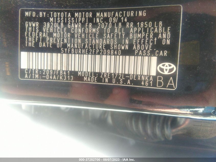 2015 TOYOTA COROLLA L/LE/S/S PLUS/LE PLUS - 5YFBURHE2FP209840