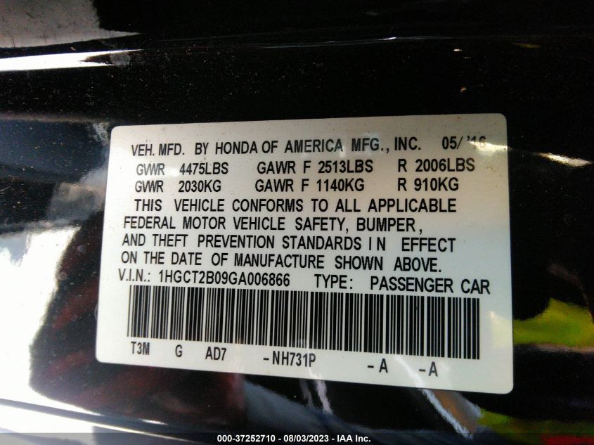 2016 HONDA ACCORD COUPE TOURING 1HGCT2B09GA006866