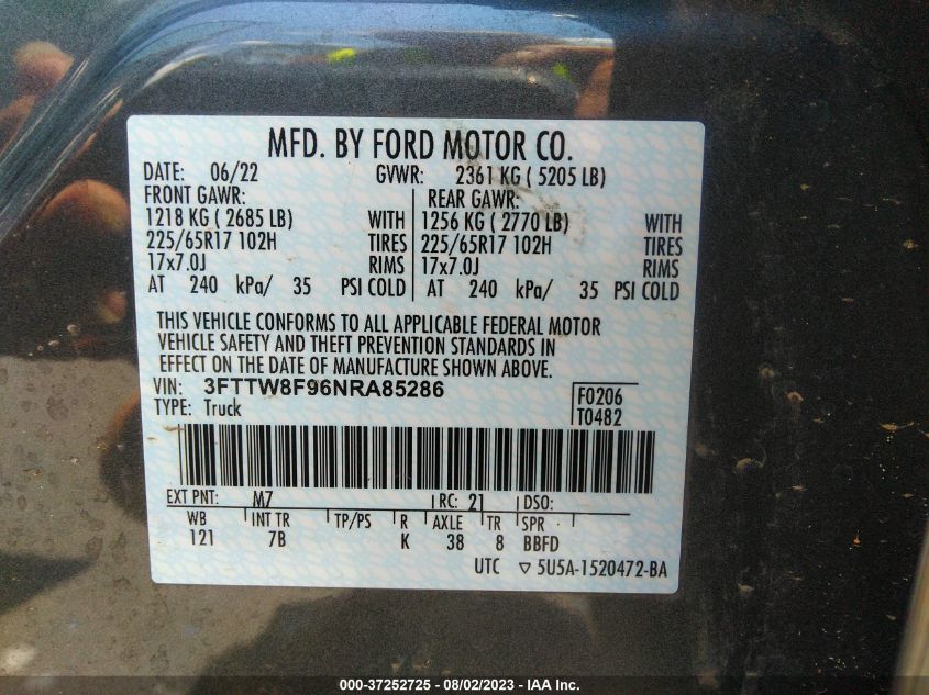 VIN 3FTTW8F96NRA85286 2022 FORD MAVERICK XL/XLT/LARIAT