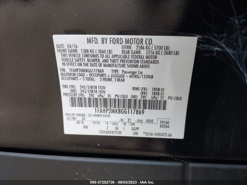 2016 FORD SEDAN POLICE INTERCEPTOR 1FAHP2MK8GG117869