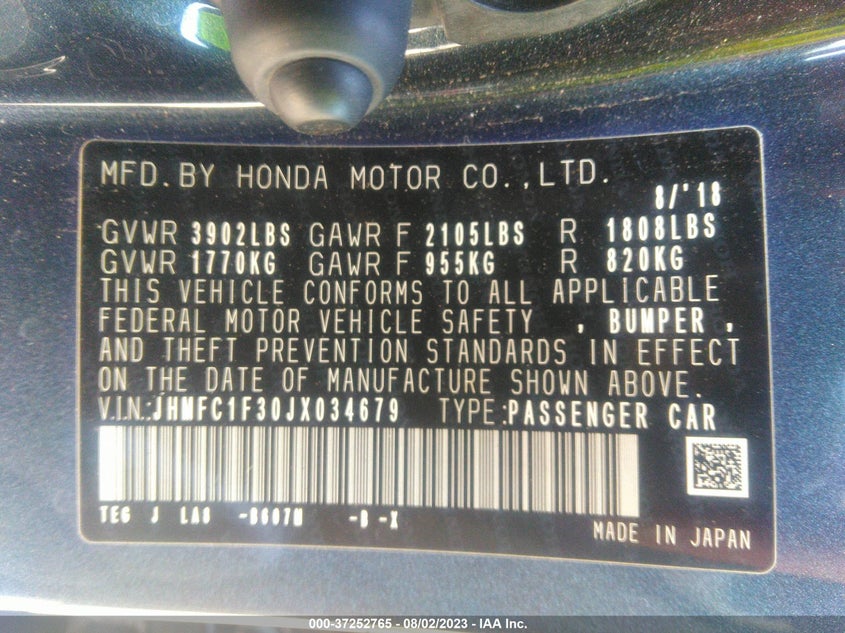 VIN JHMFC1F30JX034679 2018 HONDA CIVIC SEDAN EX-T