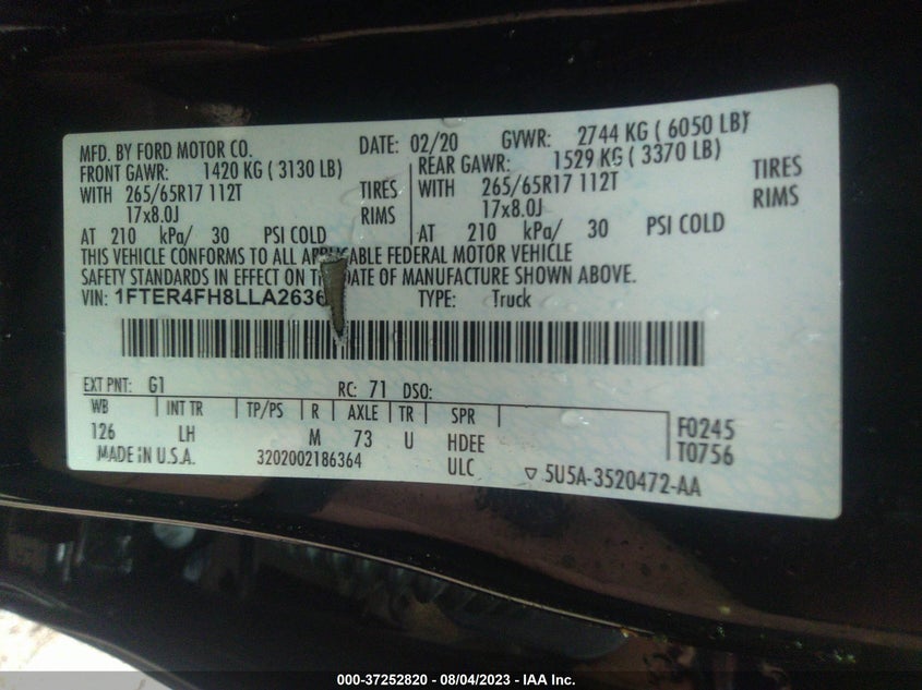 VIN 1FTER4FH8LLA26364 2020 FORD RANGER XL/XLT/LARIAT
