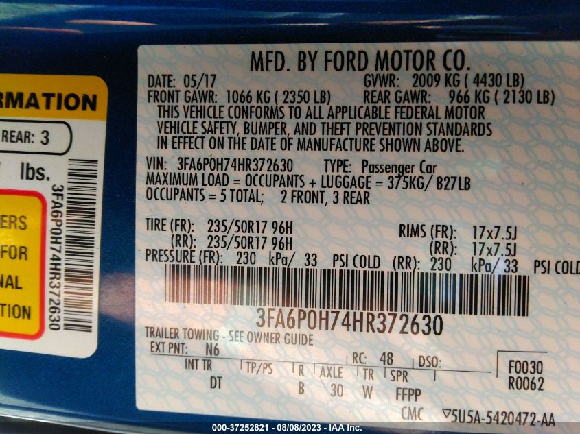 2017 FORD FUSION SE - 3FA6P0H74HR372630