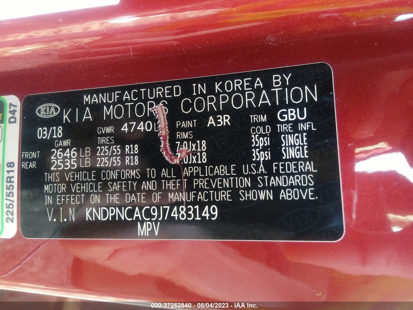 VIN KNDPNCAC9J7483149 2018 KIA SPORTAGE EX