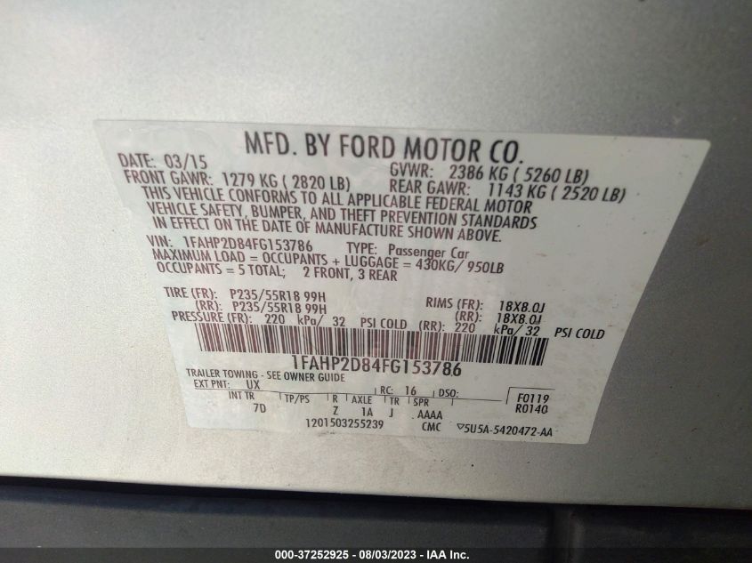 2015 FORD TAURUS SE - 1FAHP2D84FG153786