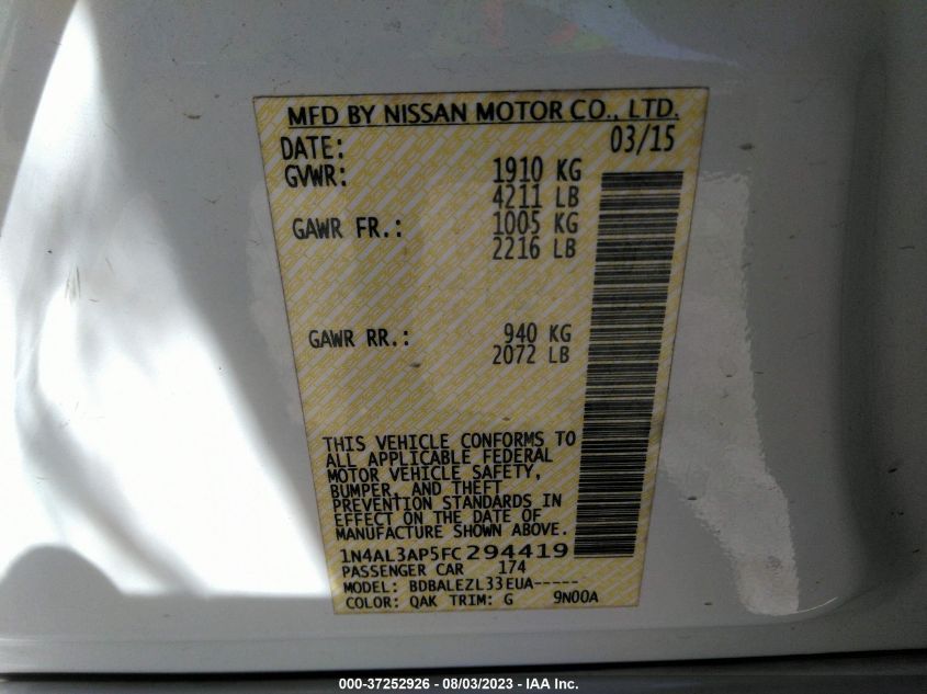 2015 NISSAN ALTIMA 2.5/S/SV/SL - 1N4AL3AP5FC294419