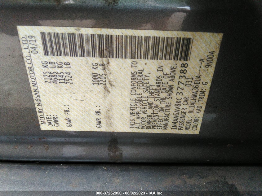 VIN 1N4AA6AV8KC377388 2019 NISSAN MAXIMA PLATINUM