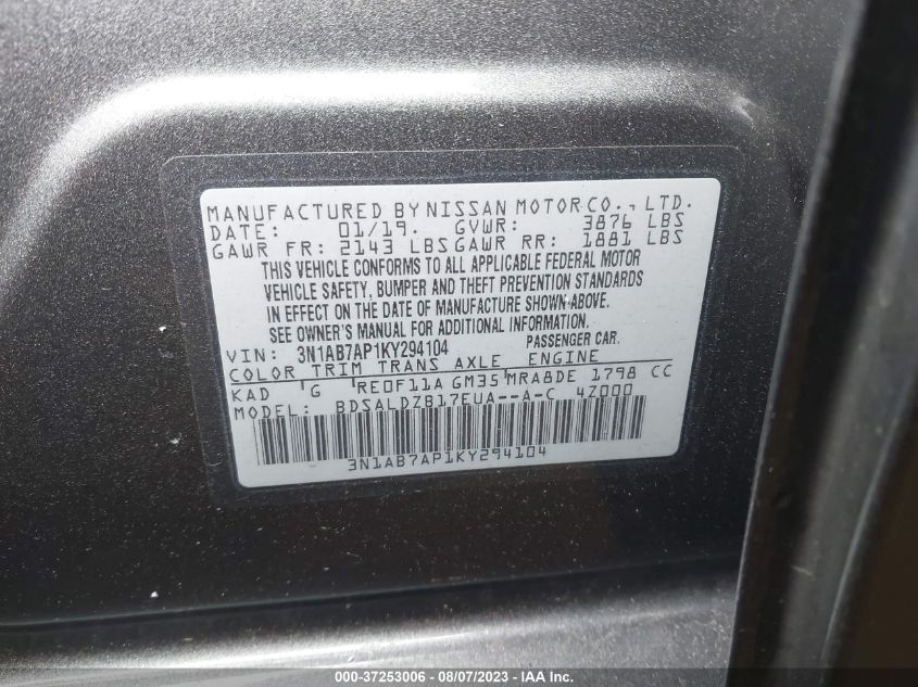 2019 NISSAN SENTRA SV - 3N1AB7AP1KY294104
