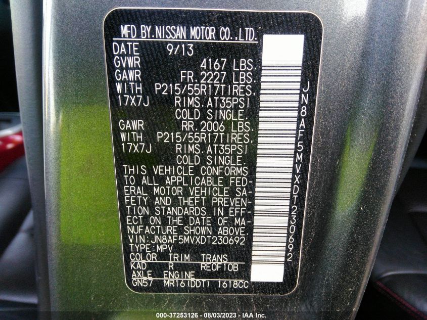 2013 NISSAN JUKE S/SV/SL - JN8AF5MVXDT230692