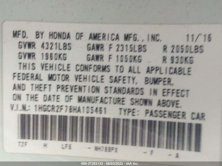 2017 HONDA ACCORD SEDAN EX - 1HGCR2F78HA105461