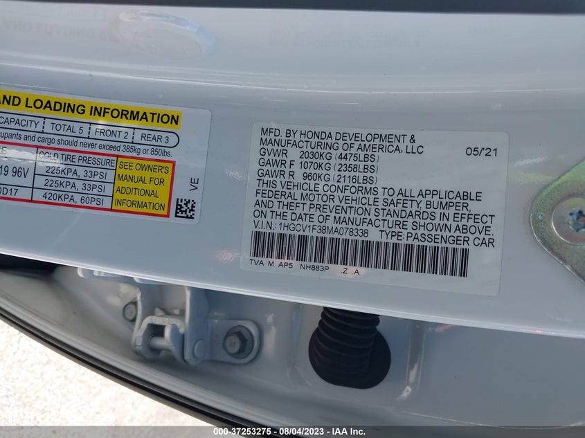2021 HONDA ACCORD SEDAN 1.5L I-4 DOHC 16-VAL(VIN: 1HGCV1F38MA078338