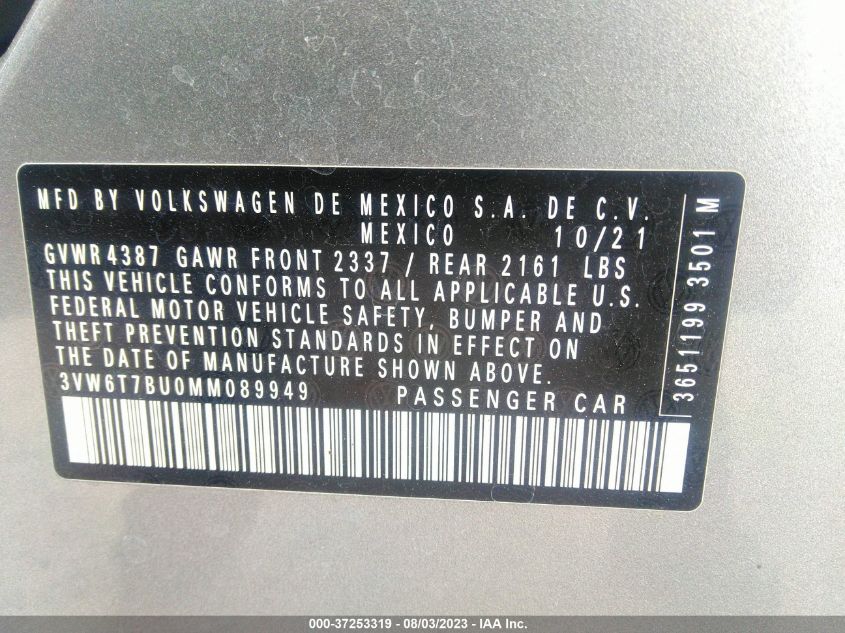 2021 VOLKSWAGEN JETTA GLI S/AUTOBAHN 3VW6T7BU0MM089949