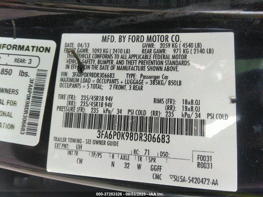 2013 FORD FUSION TITANIUM - 3FA6P0K98DR306683