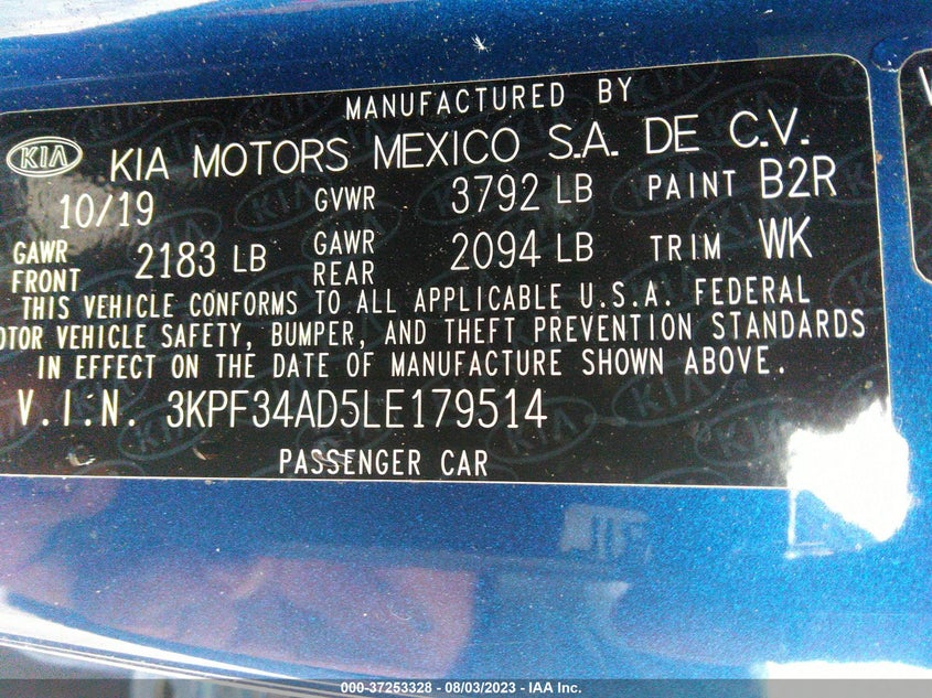 VIN 3KPF34AD5LE179514 2020 KIA FORTE GT-LINE