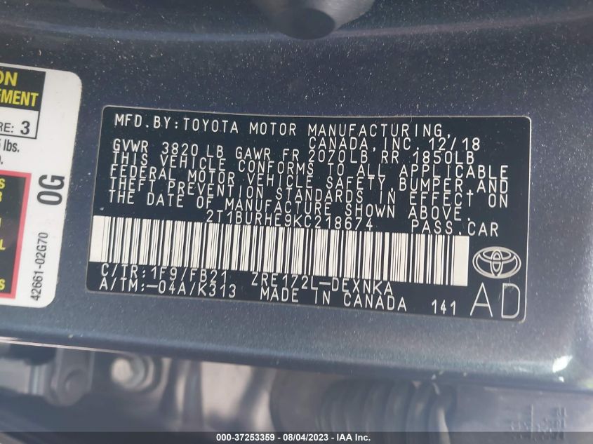 2019 TOYOTA COROLLA L/LE/SE/XLE/XSE - 2T1BURHE9KC218674
