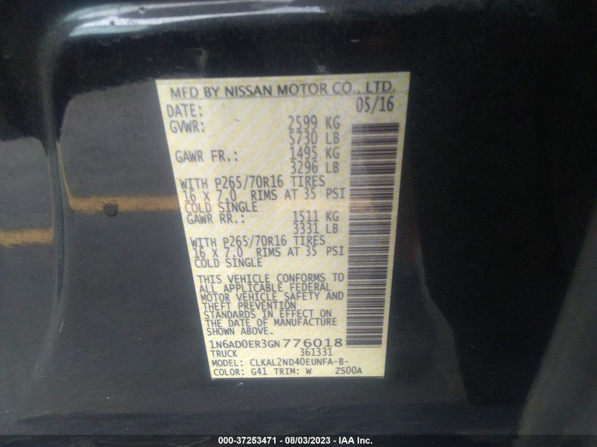 2016 NISSAN FRONTIER SV - 1N6AD0ER3GN776018