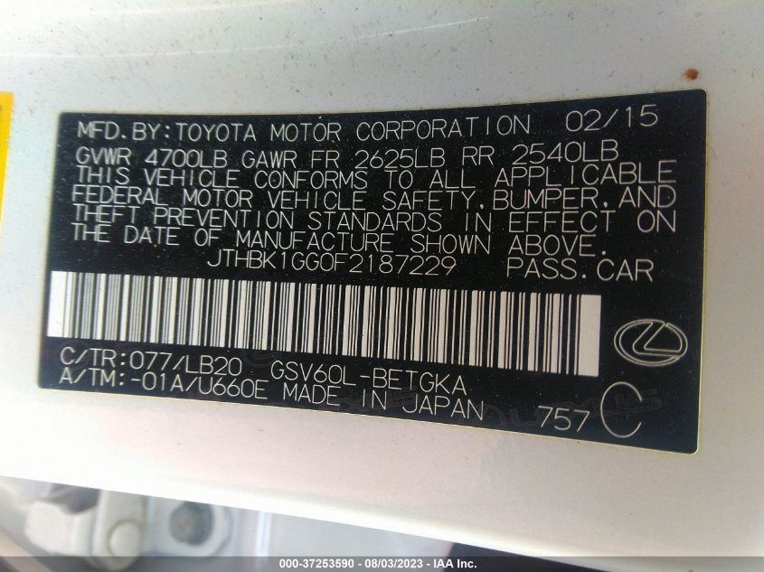 2015 LEXUS ES 350 - JTHBK1GG0F2187229