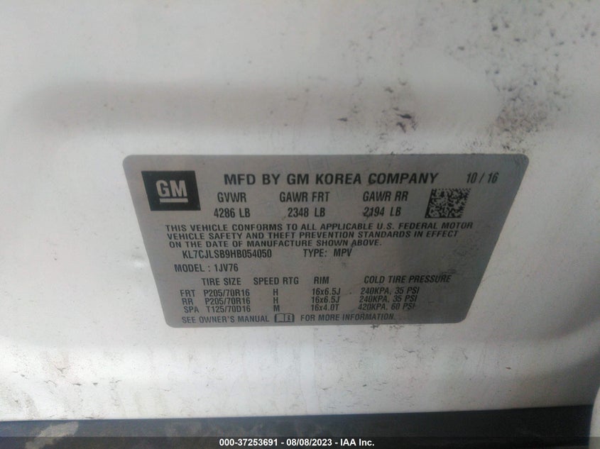 VIN KL7CJLSB9HB054050 2017 CHEVROLET TRAX LT
