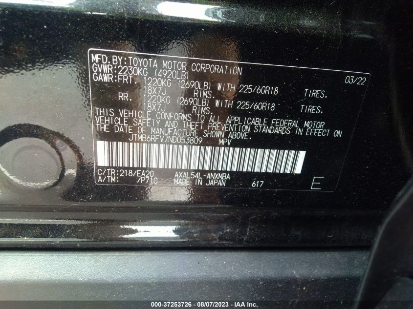 2022 TOYOTA RAV4 HYBRID XLE PREMIUM - JTMB6RFV7ND053809