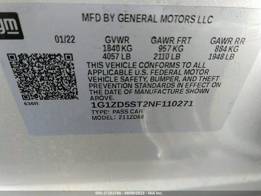 VIN 1G1ZD5ST2NF110271 2022 CHEVROLET MALIBU LT
