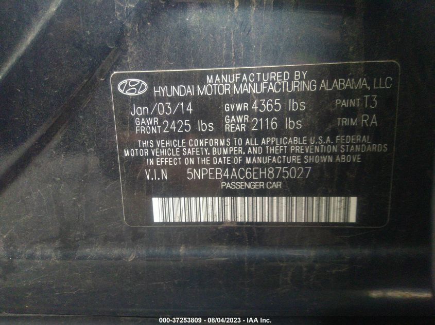 2014 HYUNDAI SONATA GLS - 5NPEB4AC6EH875027