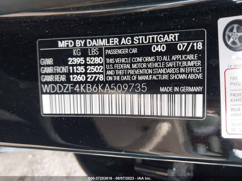 VIN WDDZF4KB6KA509735 2019 MERCEDES-BENZ E-CLASS E 300