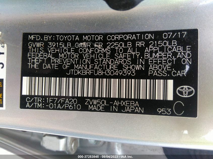 2017 TOYOTA PRIUS - JTDKBRFU8H3049393