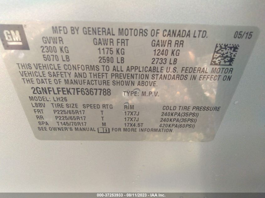 2015 CHEVROLET EQUINOX LT - 2GNFLFEK7F6367788