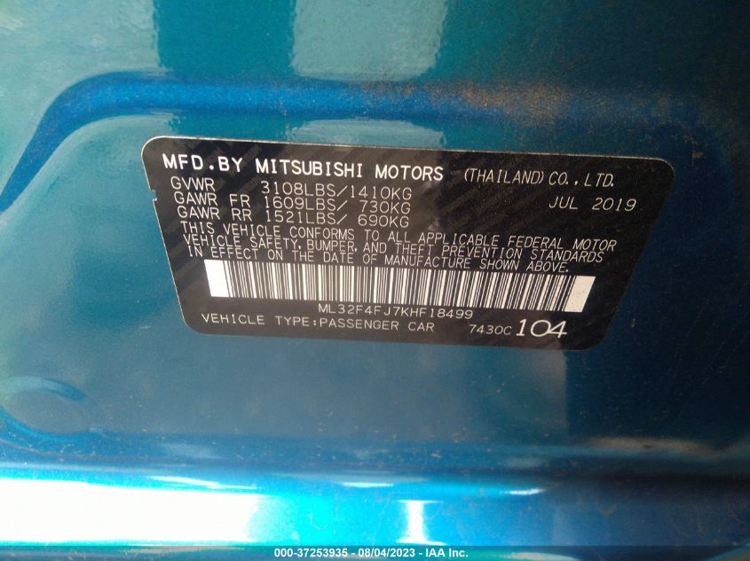 2019 MITSUBISHI MIRAGE G4 SE - ML32F4FJ7KHF18499